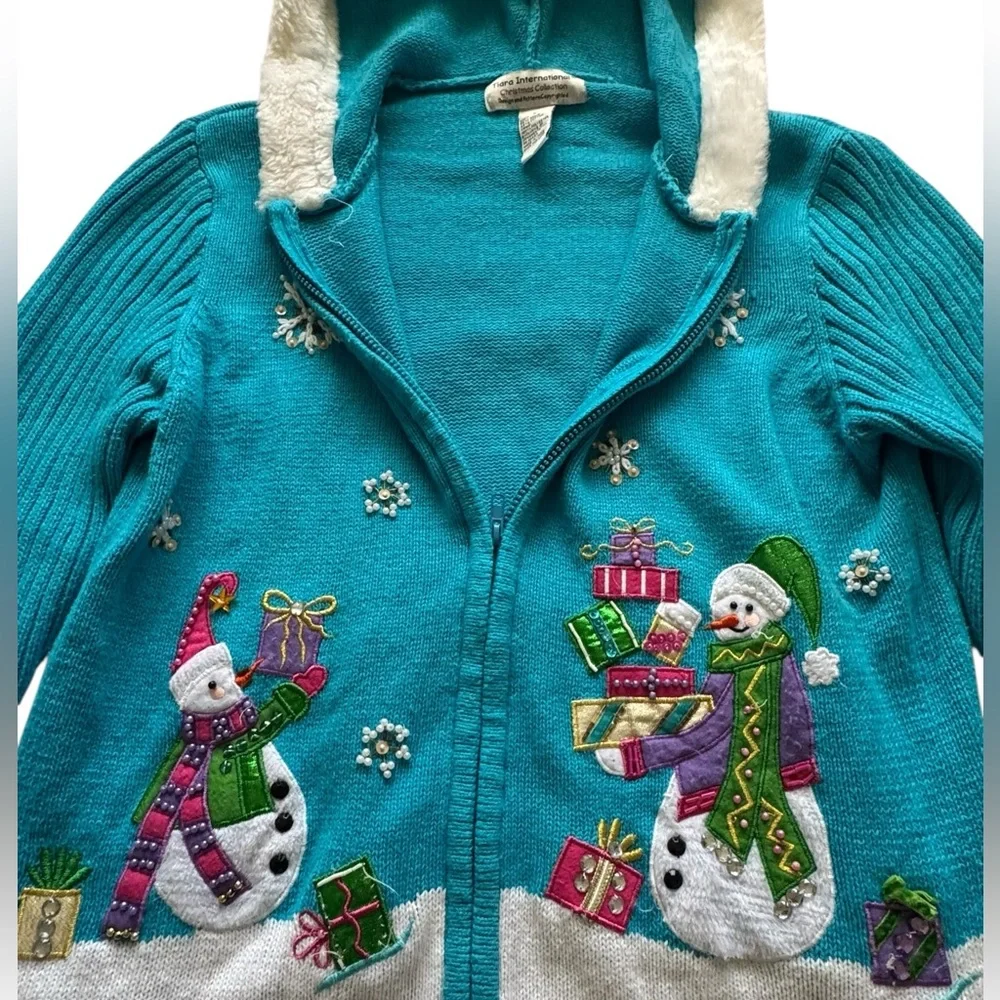 Tiara International Blue Full Zip Hooded Snowman Christmas Cardigan Size Large - Picture 10 of 10